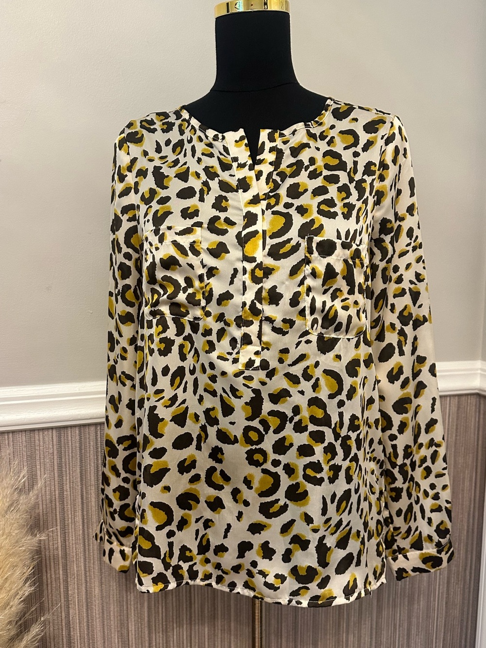 Lumiere Leopard Print Blouse Small Mustard Black Long Sleeve Career Top